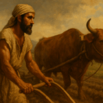 ancient farmer with an ox and plow