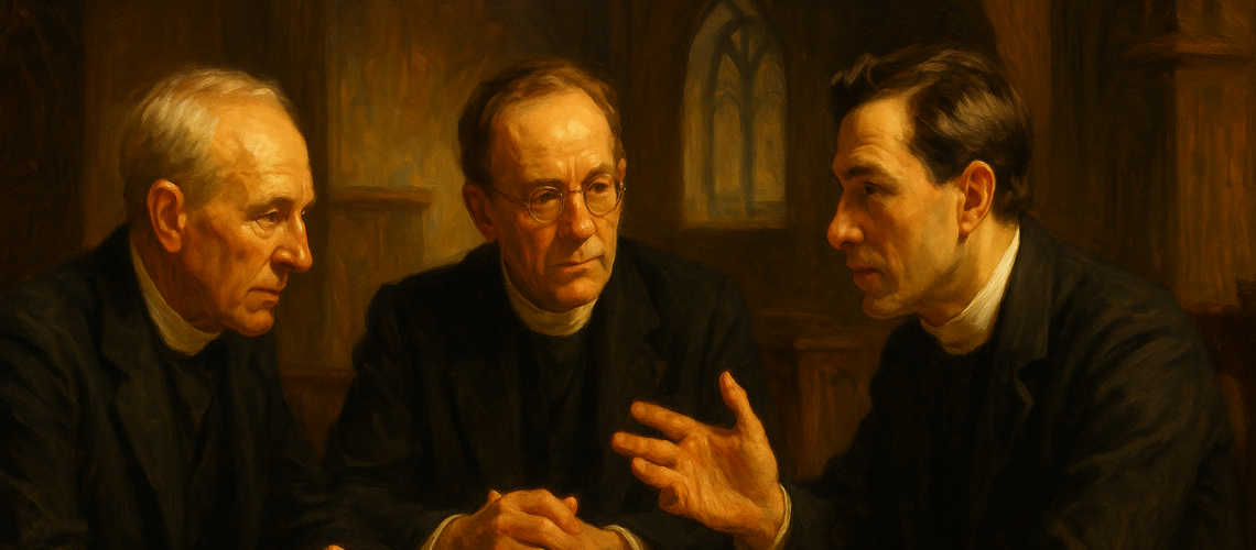 Featured image for Christ the Center episode 951 showing three Presbyterian ministers in conversation in a church study, in a John Singer Sargent-inspired painterly style.